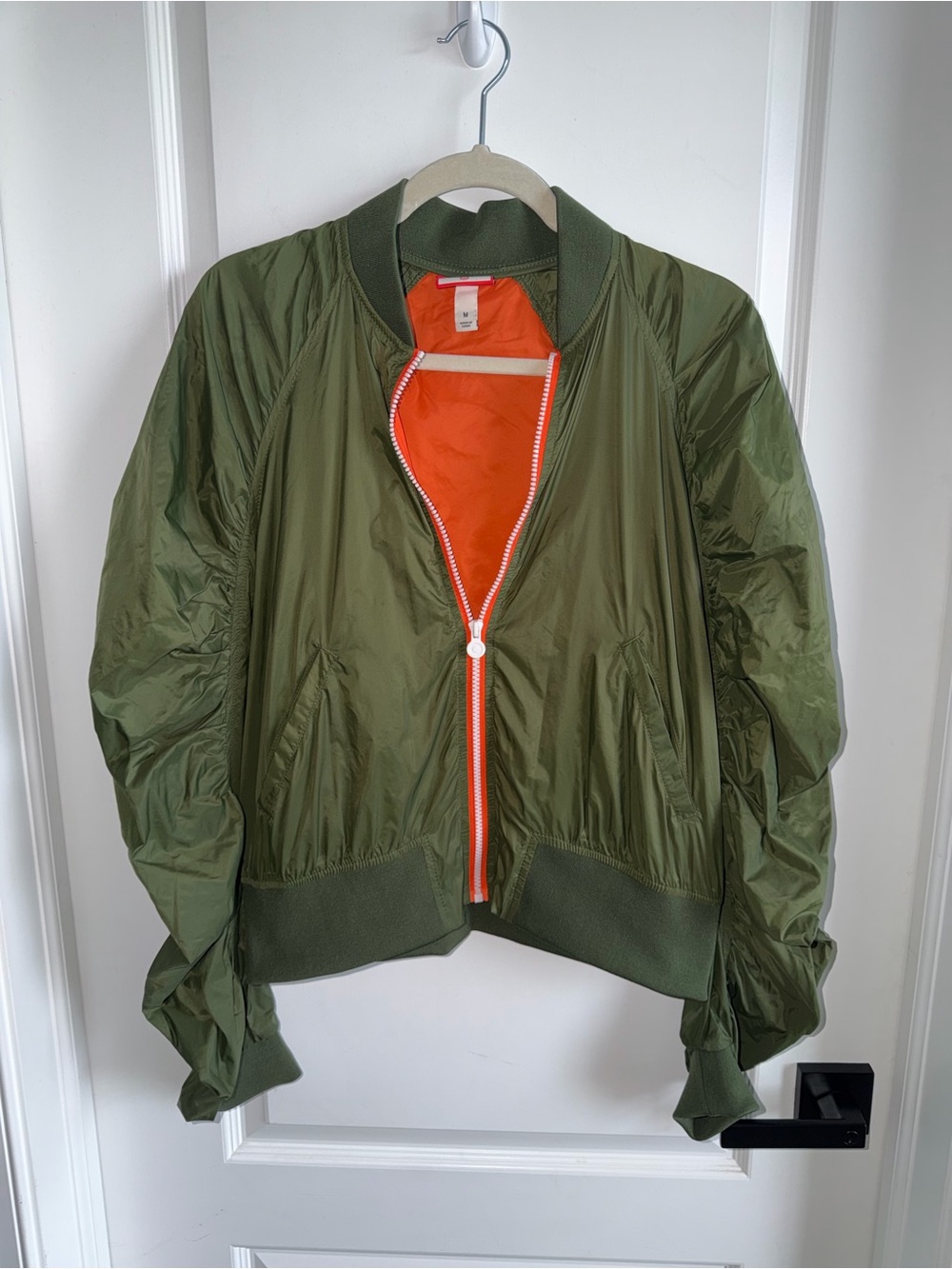 Hunter x Target Womens Medium Olive Green Bomber Jacket Orange Nylon Utility